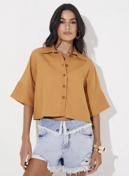 Camisa Cropped Oversized Com Linho