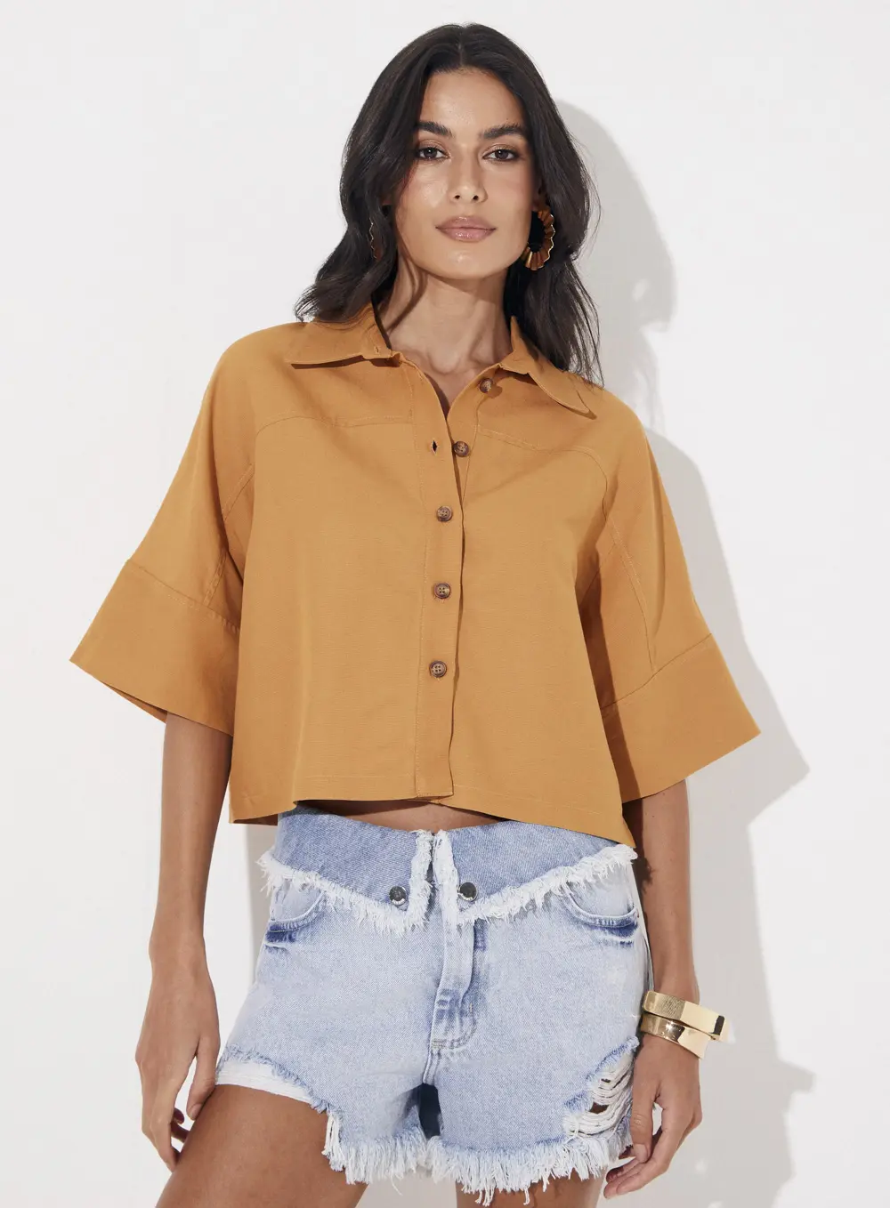 Camisa Cropped Oversized Com Linho Bege 1