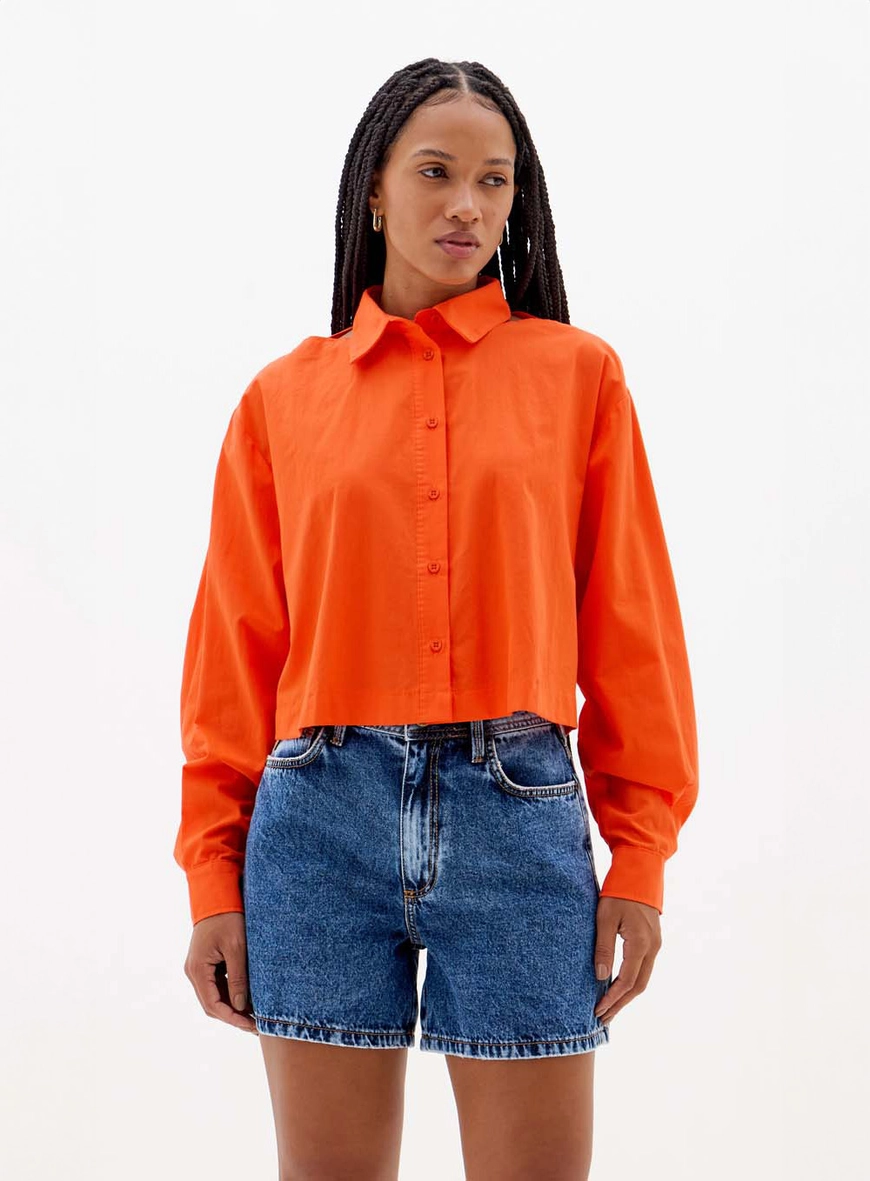 Camisa Cropped Oversized Com Abertura Nos Ombros Laranja 1