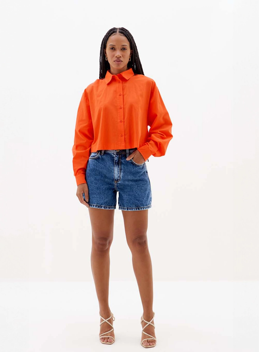 Camisa Cropped Oversized Com Abertura Nos Ombros Laranja 3