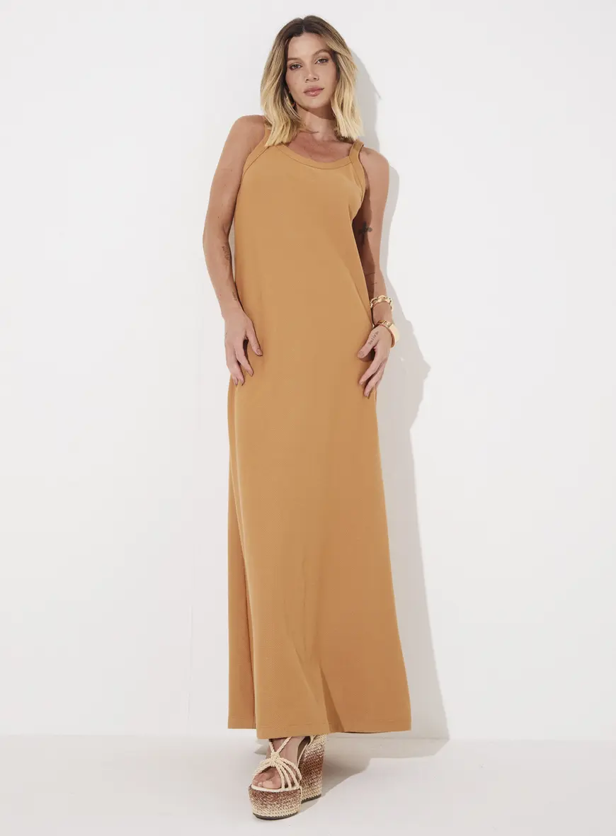 Vestido Longo Evasê De Tricô Bege 1