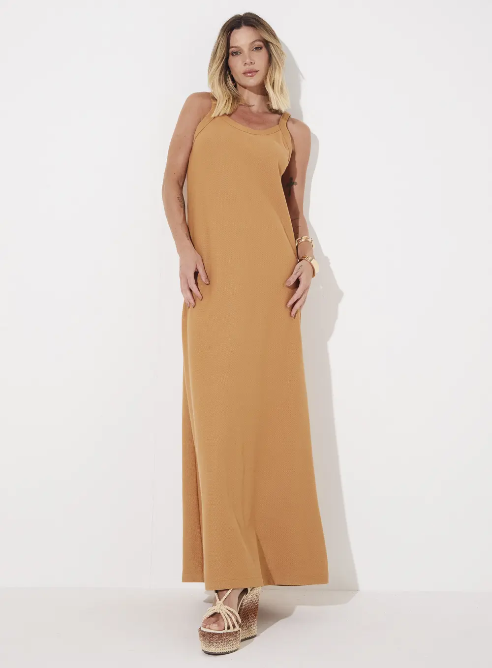 Vestido Longo Evasê De Tricô Bege 1
