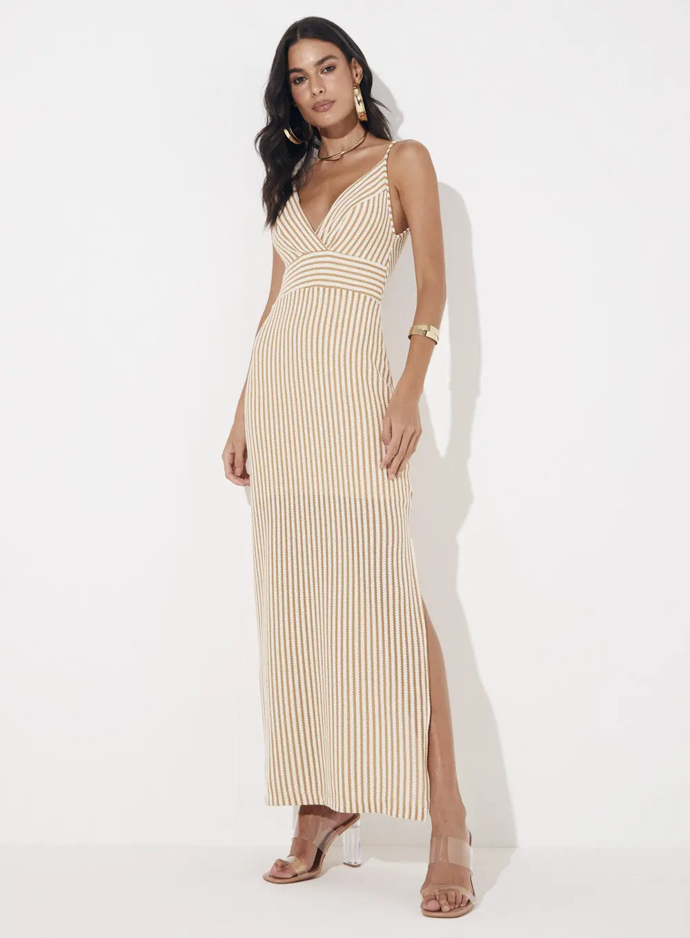 Vestido Longo Tricô Listrado Com Alças Bege 1