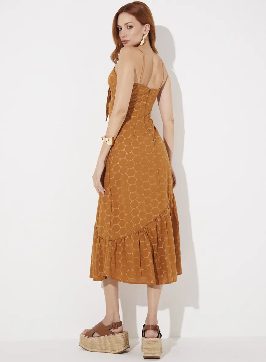 Vestido Laço Com Babado Bordado Bege 2