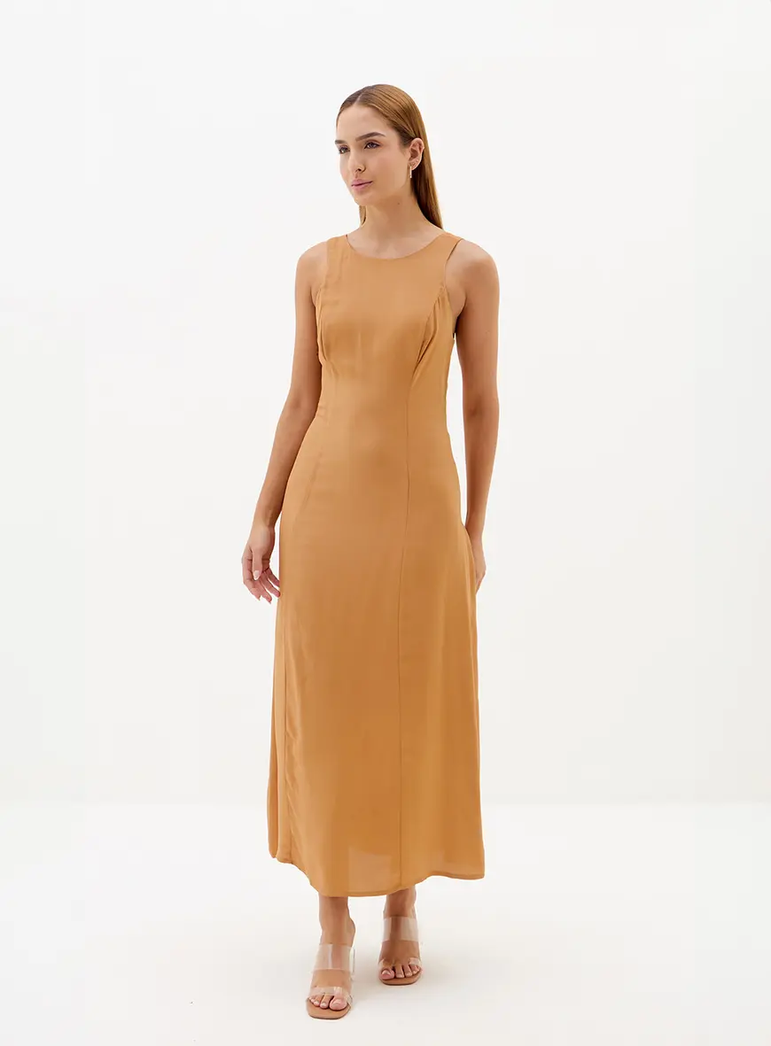 Vestido Midi Cavado Com Pregas Bege 1