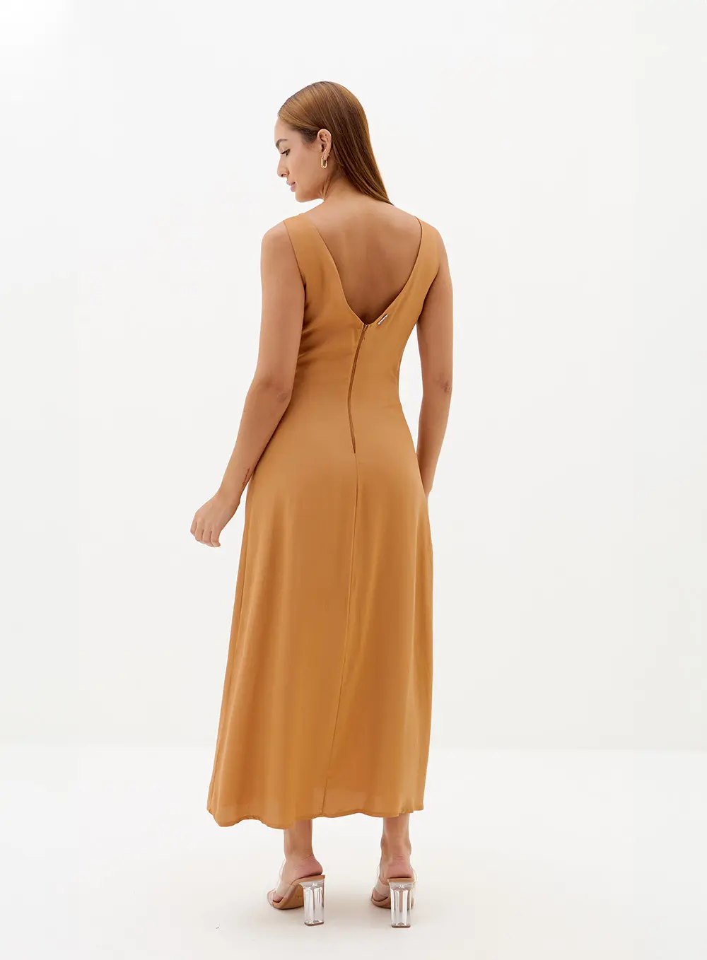 Vestido Midi Cavado Com Pregas Bege 2