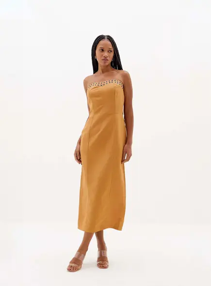 Vestido Linho Com Aplicação