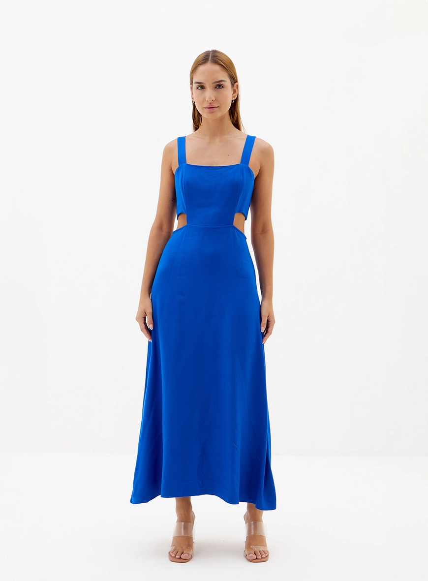 Vestido Midi Cut Out Evasê Com Alças Azul 1