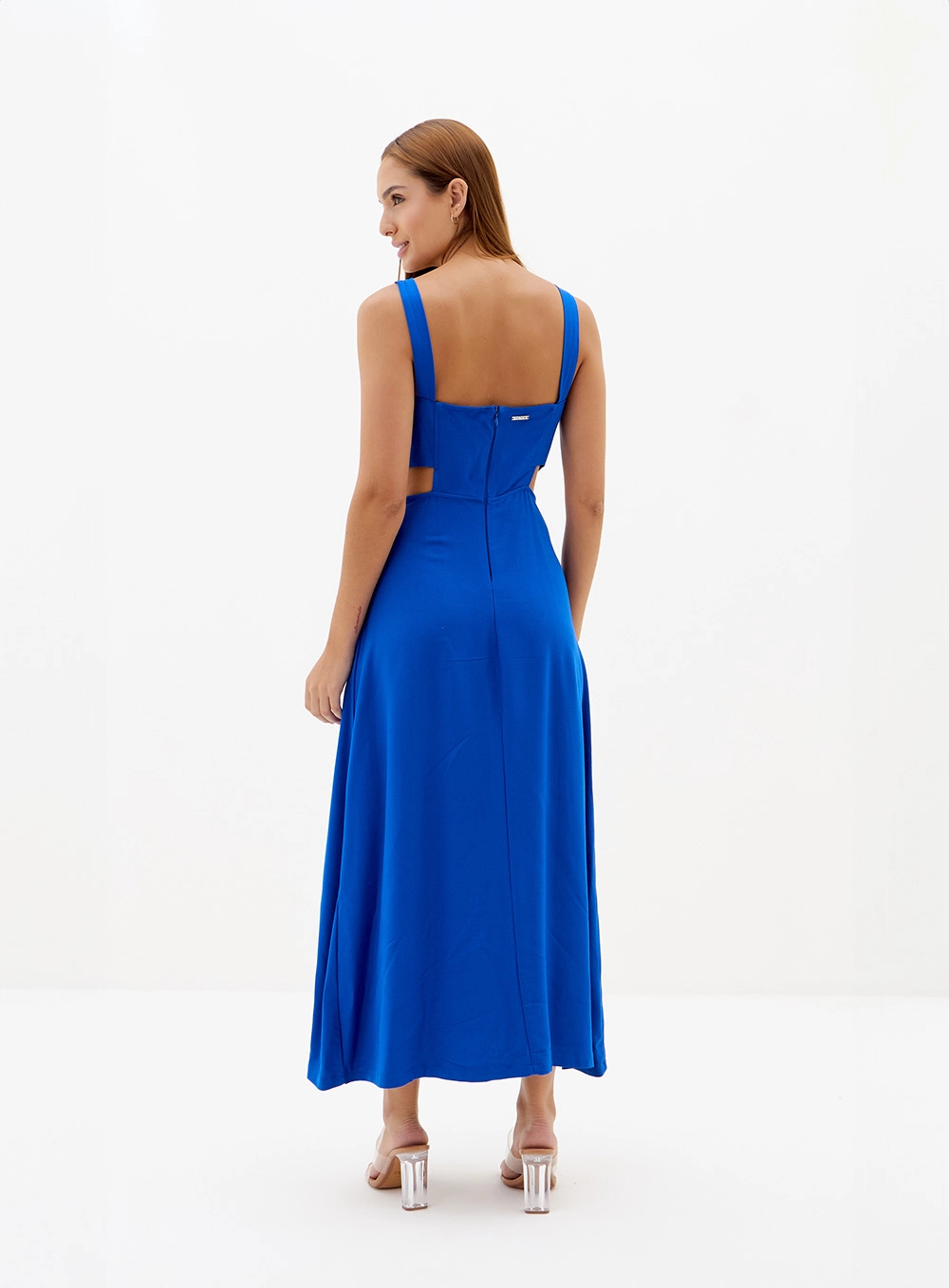 Vestido Midi Cut Out Evasê Com Alças Azul 2