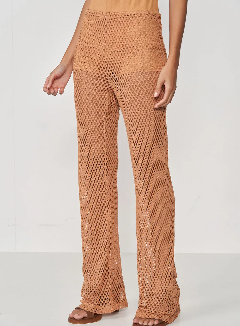 Calça Reta Joana Mia Renda Belgati Bege