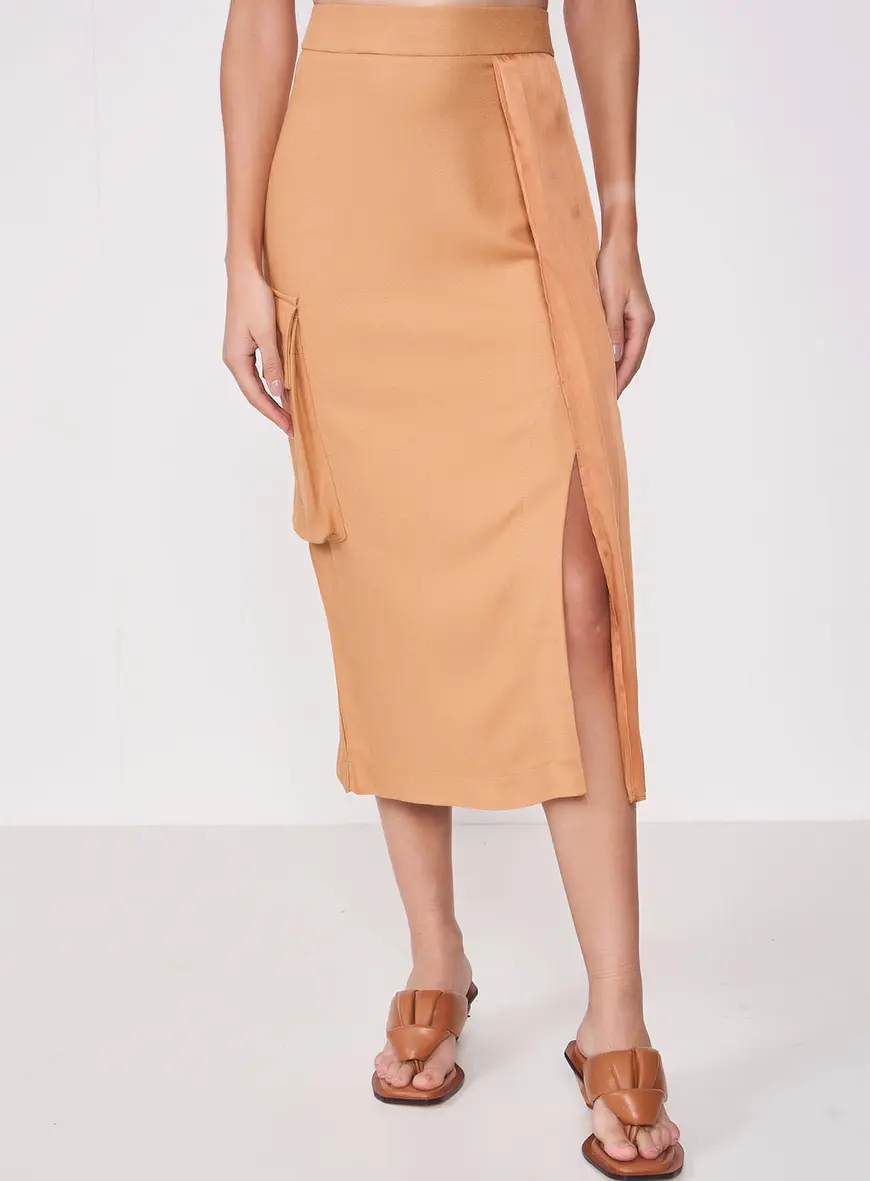 Saia Midi Raquel Com Detalhe Plissado