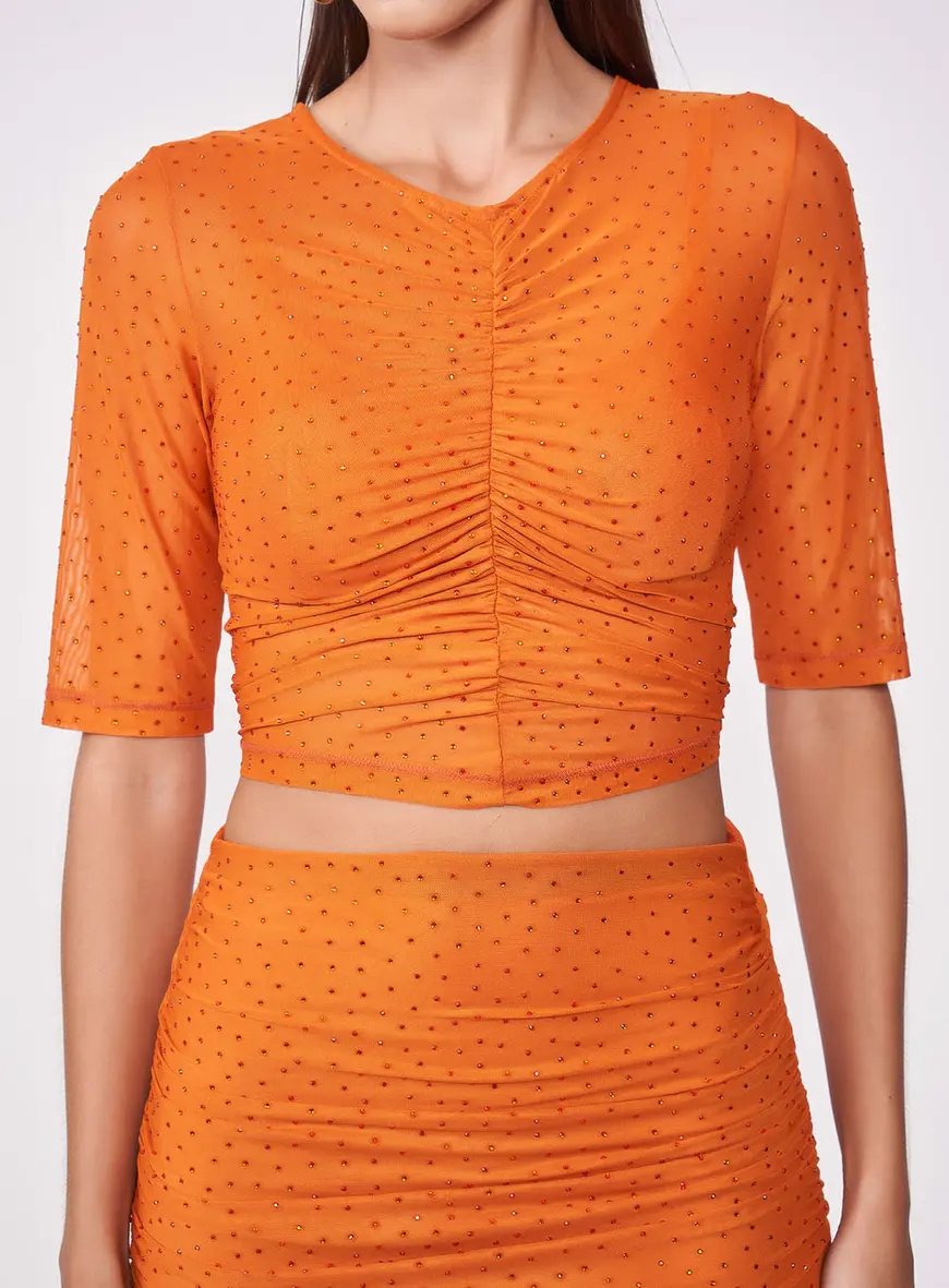 Blusa Tule Russet Drapeada Com Aplicação