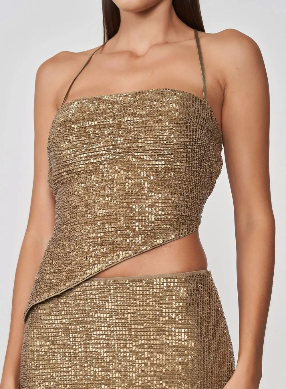 Blusa Slim Assimétrica Paetê Coquete Misk Bege Misk