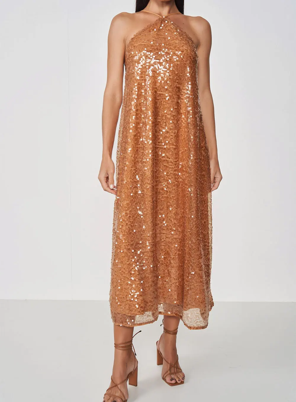 Vestido Midi Loose Paetê Funny Belgati Bege