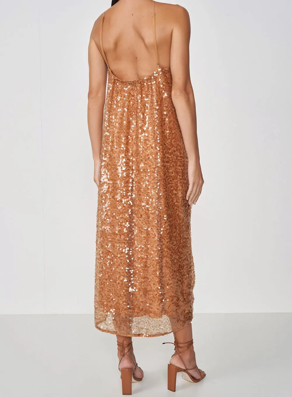 Vestido Midi Loose Paetê Funny Belgati Bege