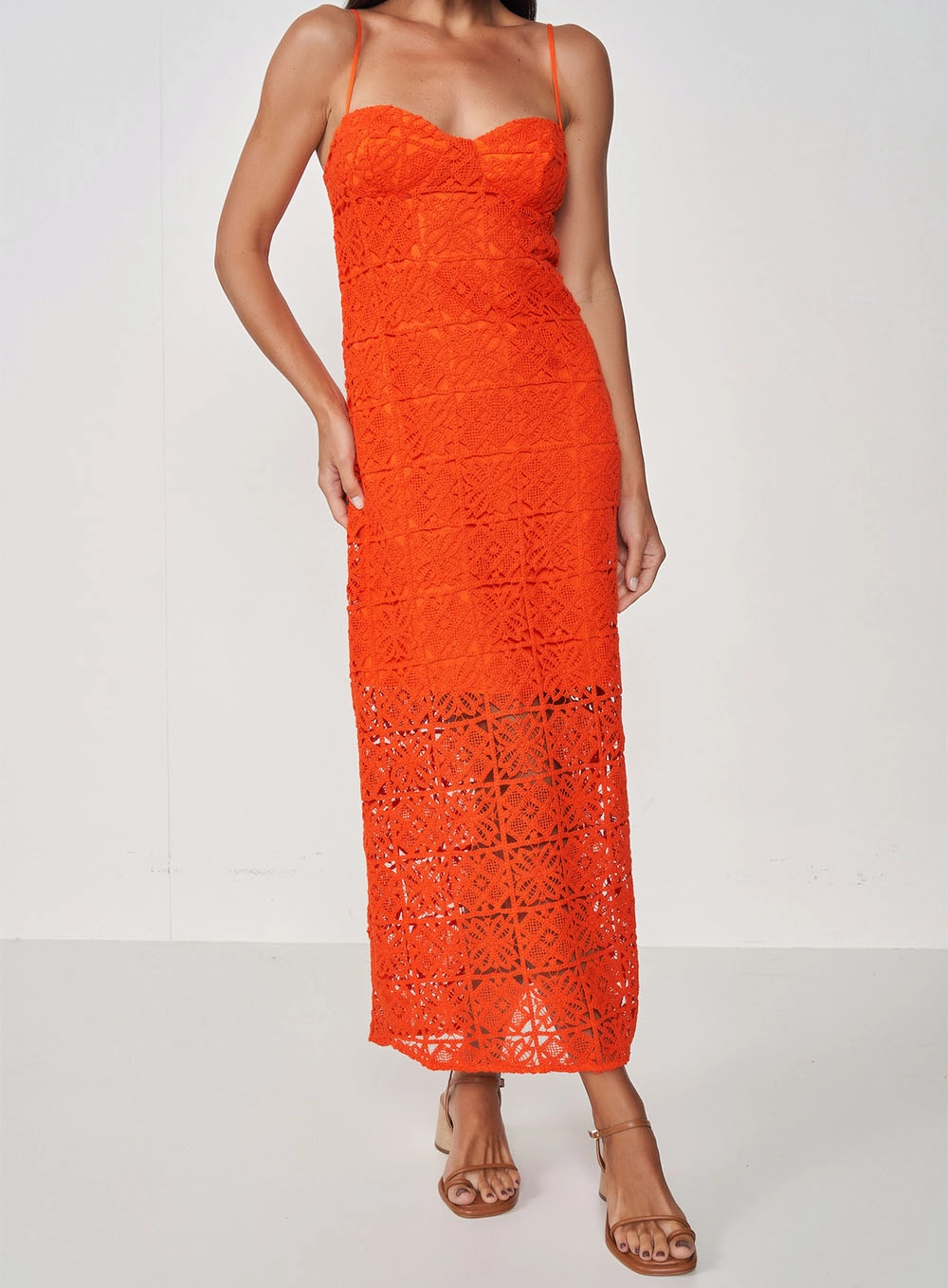Vestido Midi Comfy Renda Sweet Alças Reguláveis Laranja