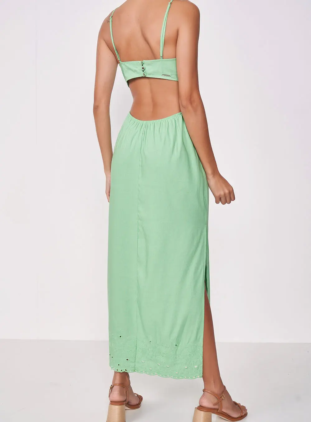 Vestido Linho Bordado Verde Veggir
