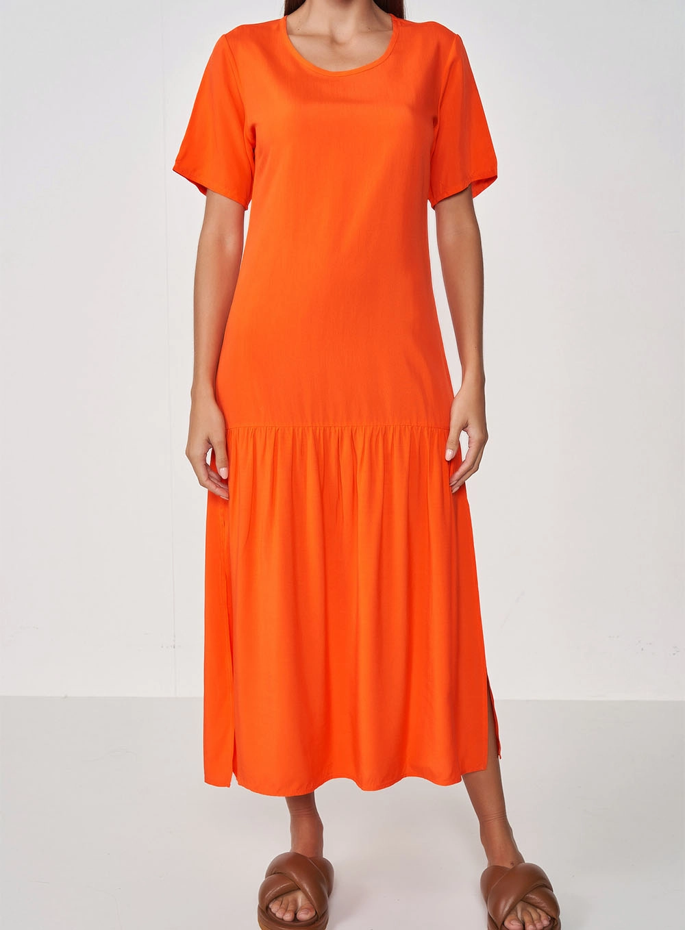 Vestido T-shirt Francine Com Babados Laranja