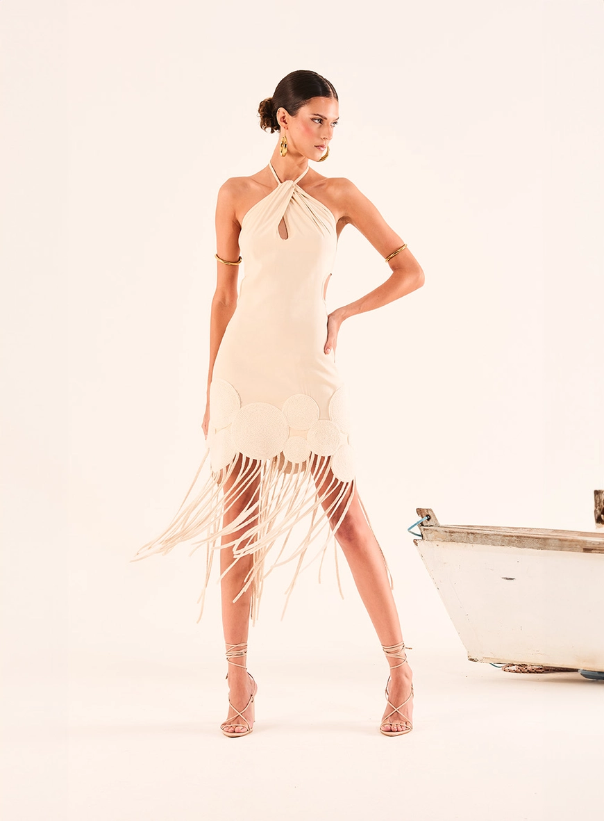 Vestido Com Linho E Barra Com Bordados Bege 1