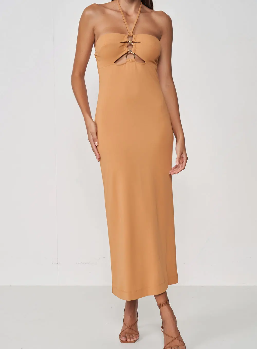 Vestido Midi Belgati Cut Out Frente Única Bege