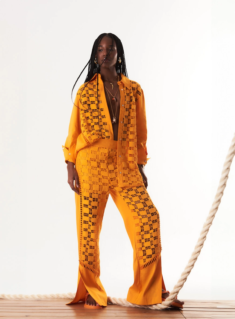 Calça Reta Comfy Com Renda E Linho Laranja 1