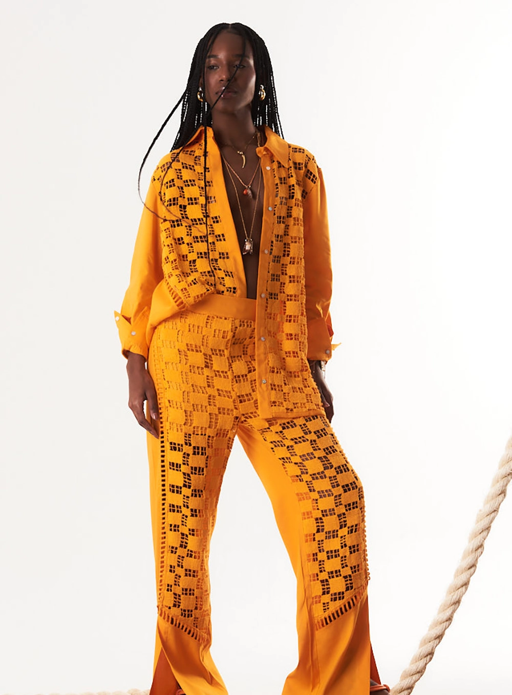 Calça Reta Comfy Com Renda E Linho Laranja 2