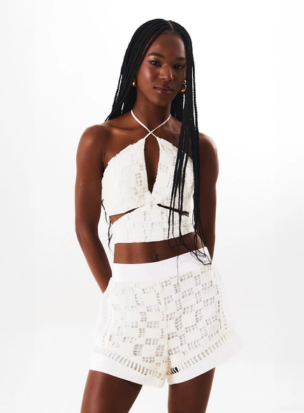 Short Comfy Cintura Alta Com Renda E Linho