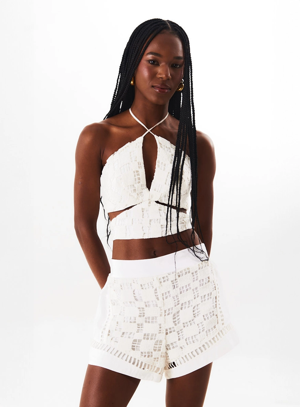 Short Comfy Cintura Alta Com Renda E Linho Off Shell 1