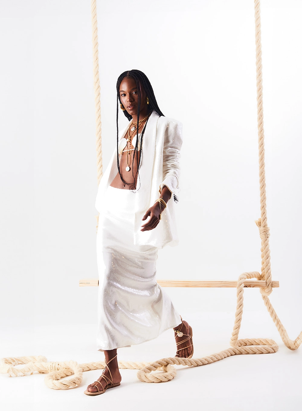 Saia Midi Linho Com Paetês Off White 1