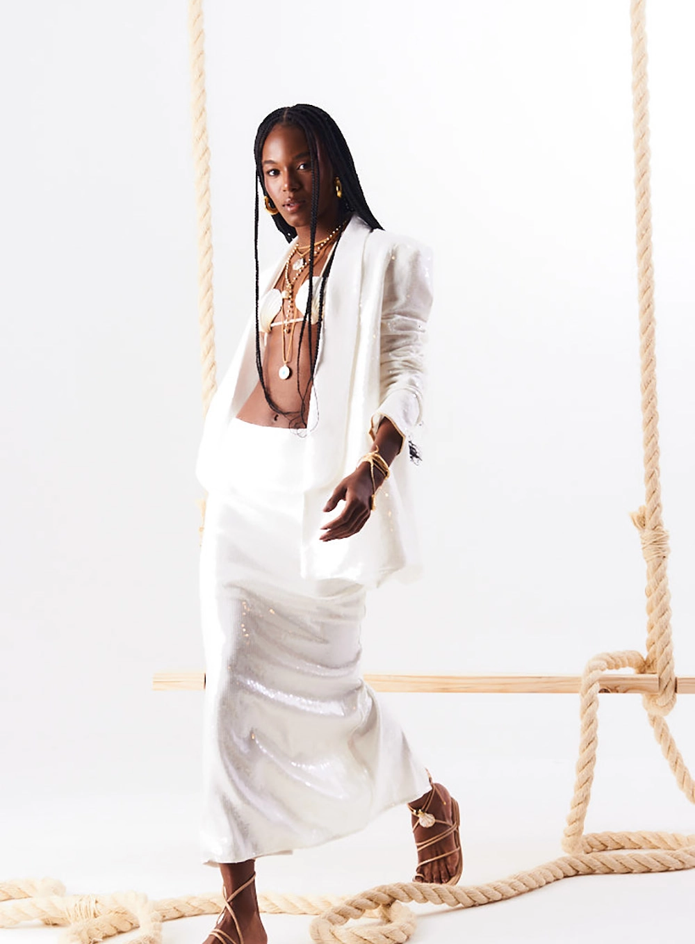 Saia Midi Linho Com Paetês Off White 2