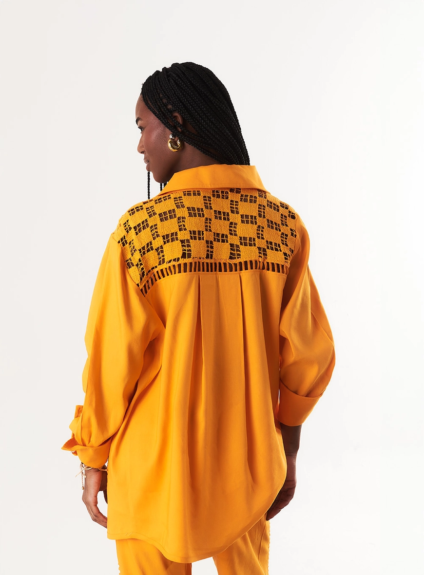 Camisa Oversized Com Linho E Renda Laranja 2
