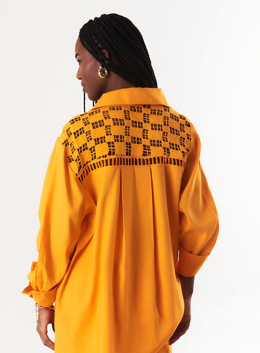 Camisa Oversized Com Linho E Renda Laranja 4