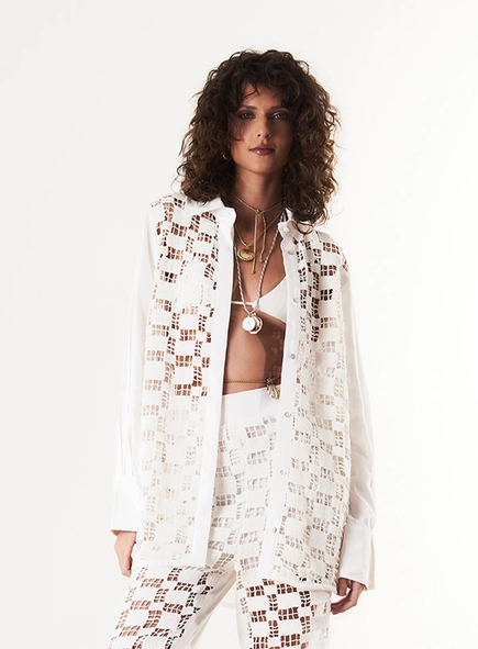 Camisa Oversized Com Linho E Renda