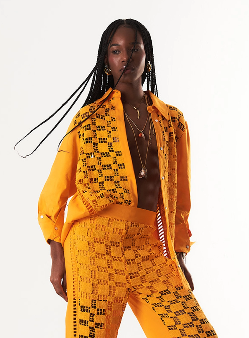 Camisa Oversized Com Linho E Renda Laranja 1