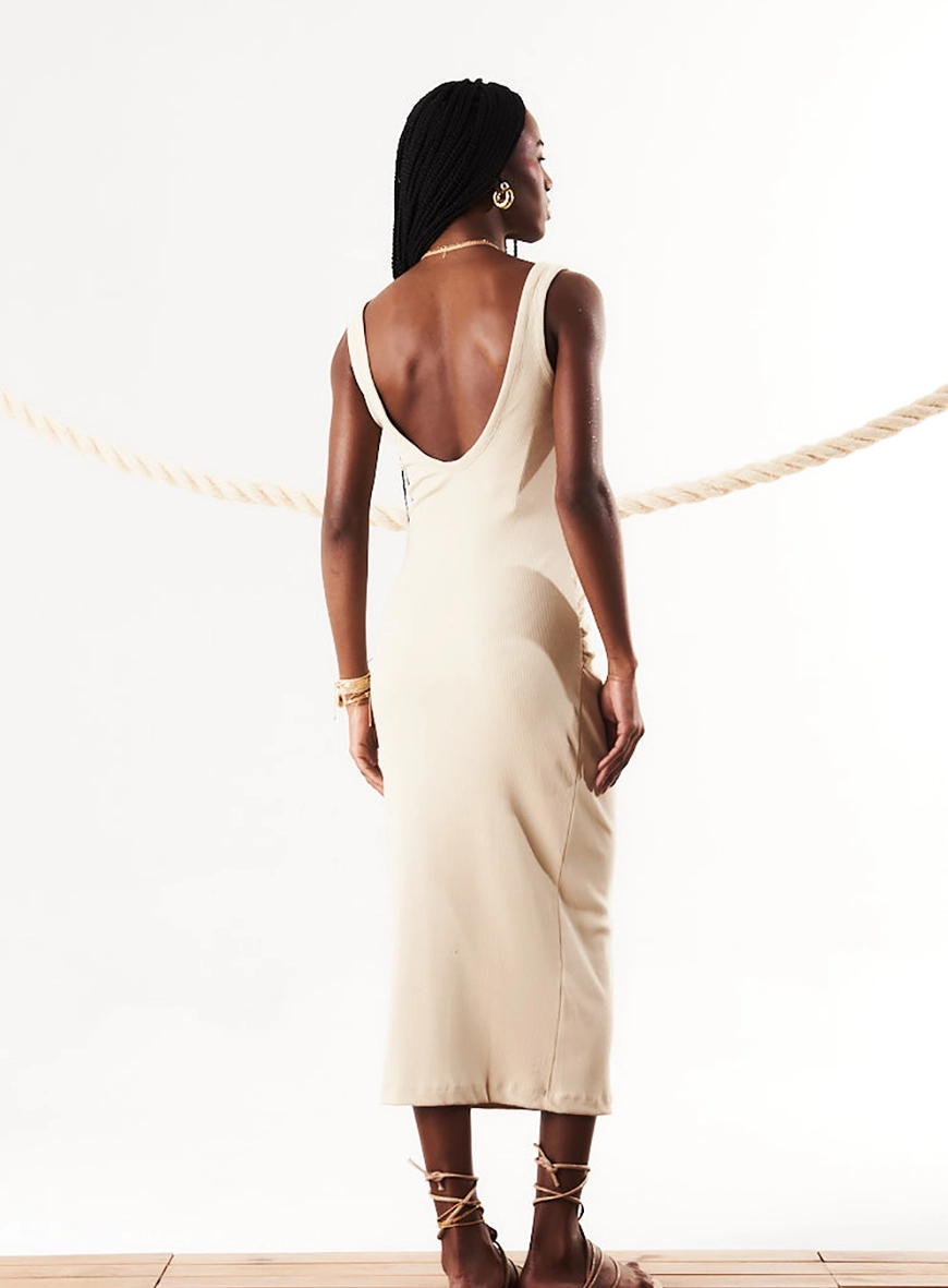 Vestido Slim Midi Canelado Decote U Bege 4