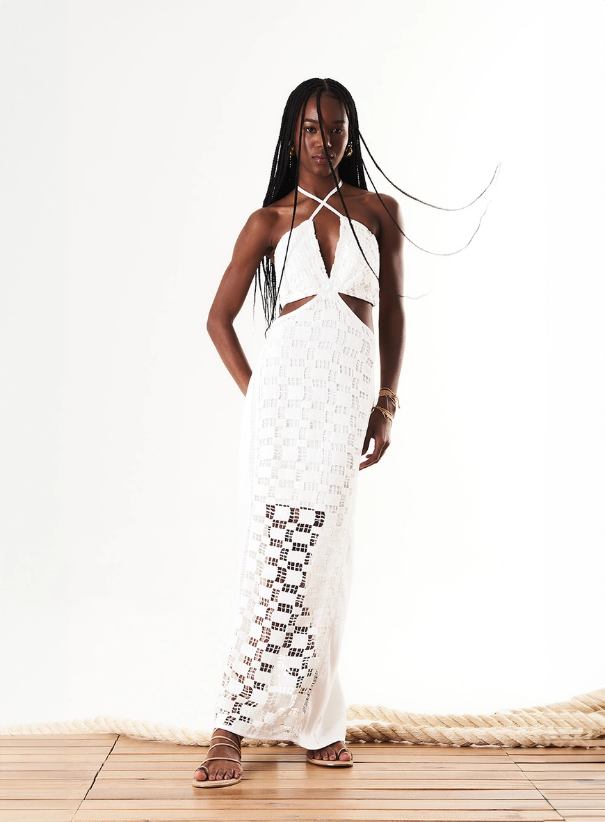 Vestido Longo Cut Out Com Renda E Linho Off Shell 1