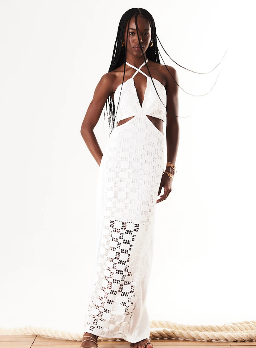 Vestido Longo Cut Out Com Renda E Linho Off Shell 5