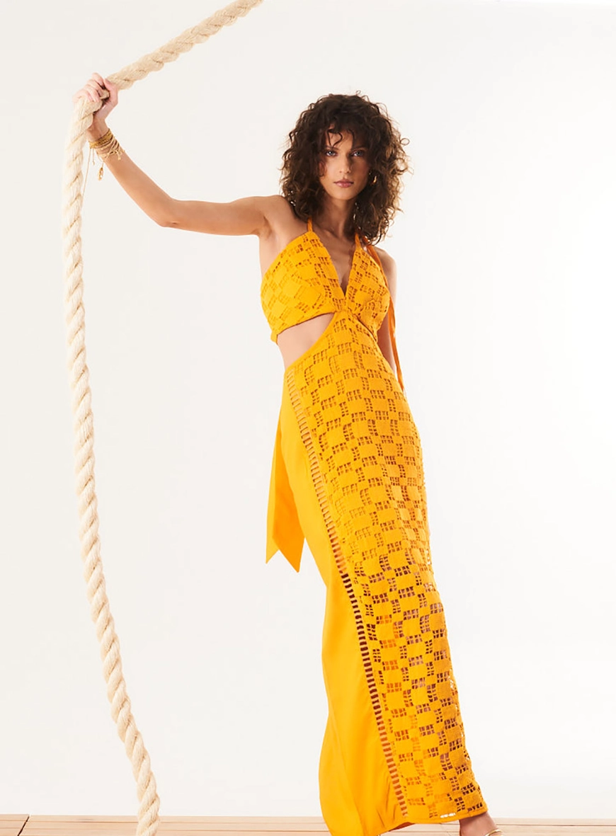 Vestido Longo Cut Out Com Renda E Linho Laranja 2