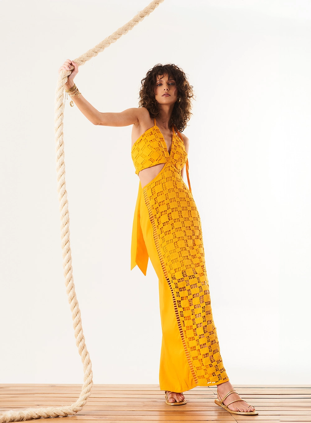 Vestido Longo Cut Out Com Renda E Linho Laranja 1