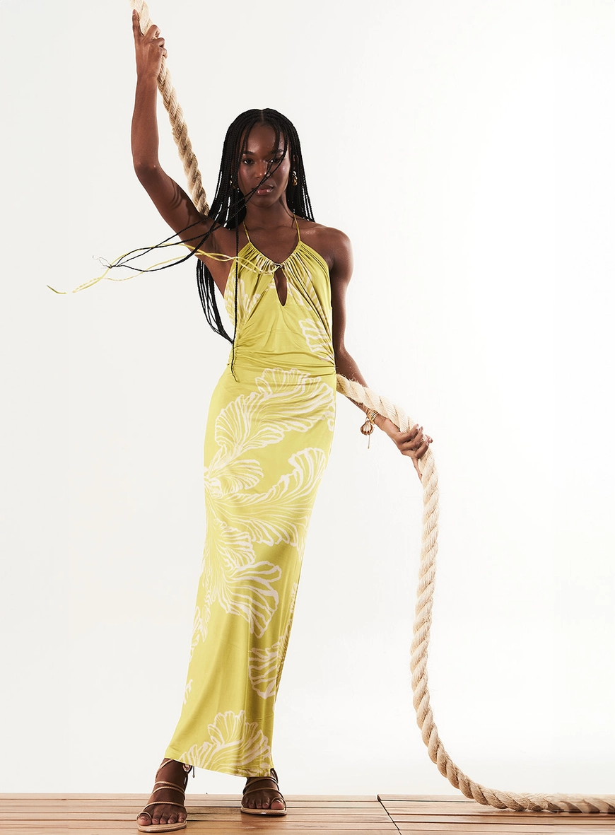 Vestido Longo Slim Frente Única Franzido Com Alça Estampados 1