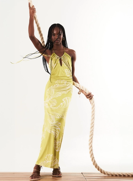 Vestido Longo Slim Frente Única Franzido Com Alça