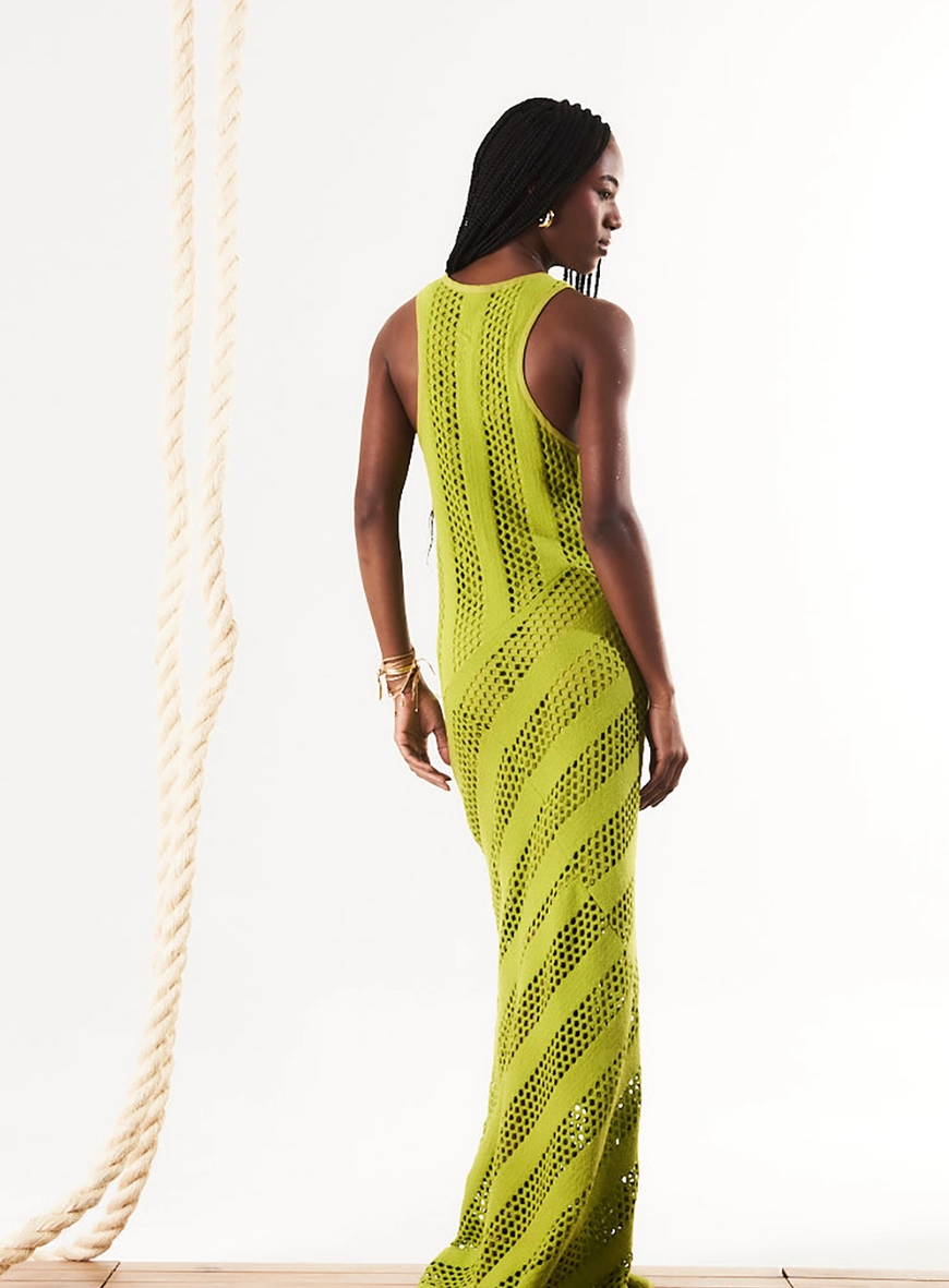 Vestido Longo Sereia Tricô Com Recortes Verde 4
