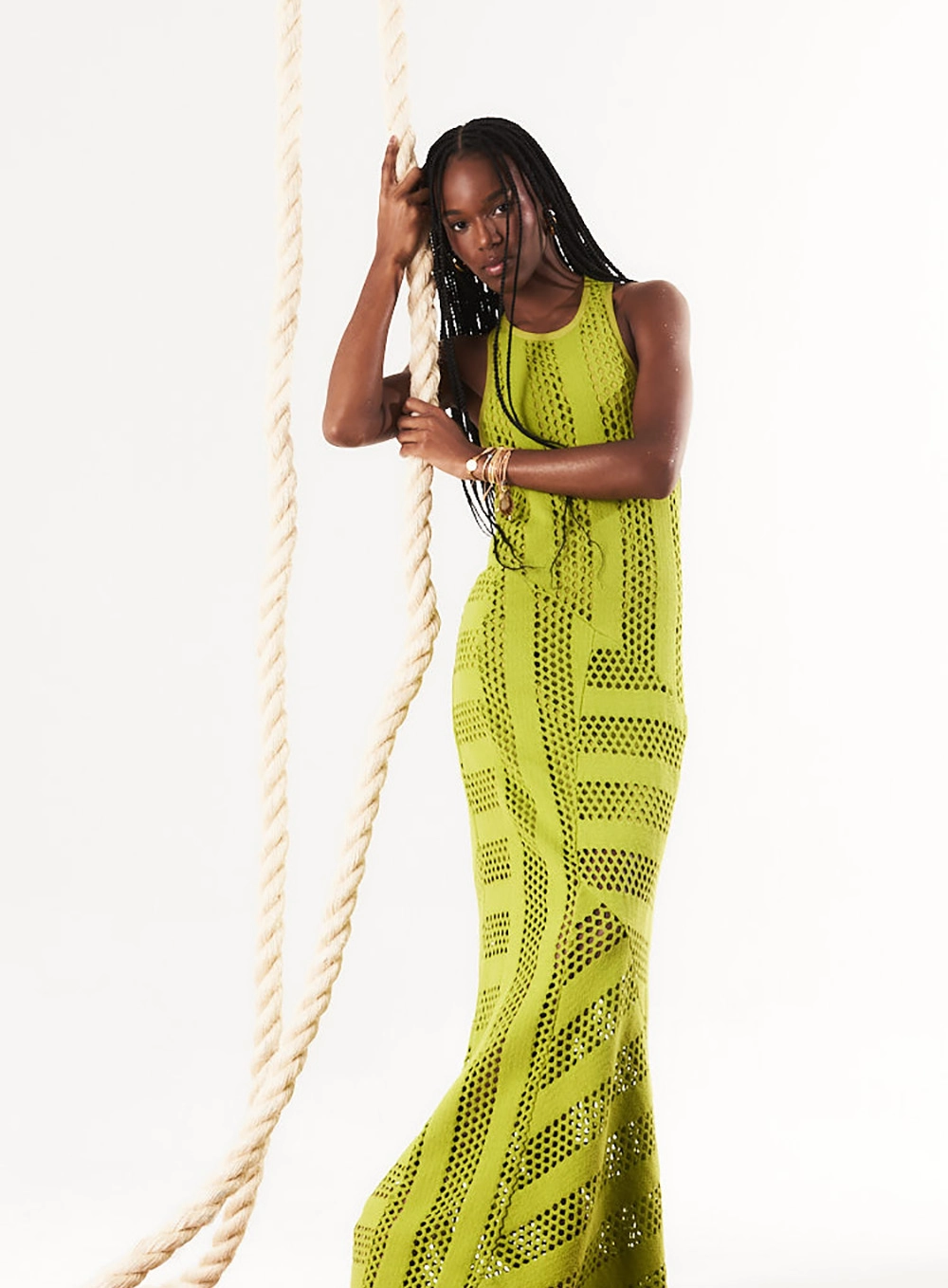 Vestido Longo Sereia Tricô Com Recortes Verde 2