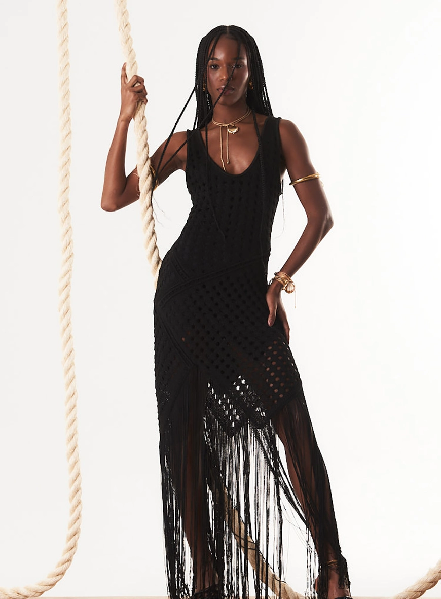 Vestido Tricô Assimétrico Decote U Com Franjas Preto 2