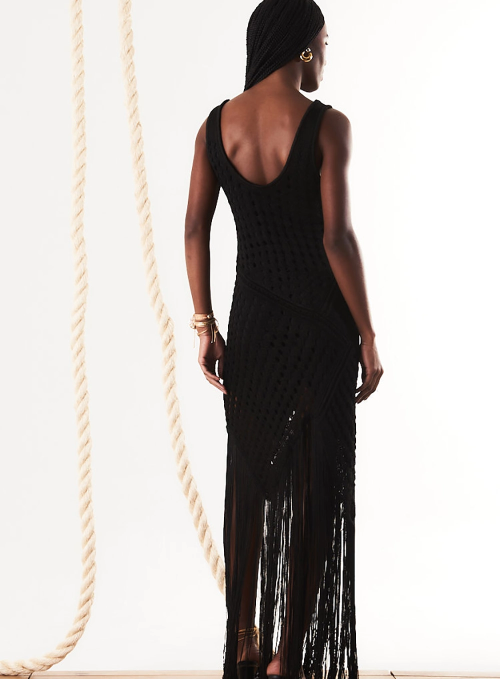 Vestido Tricô Assimétrico Decote U Com Franjas Preto 4