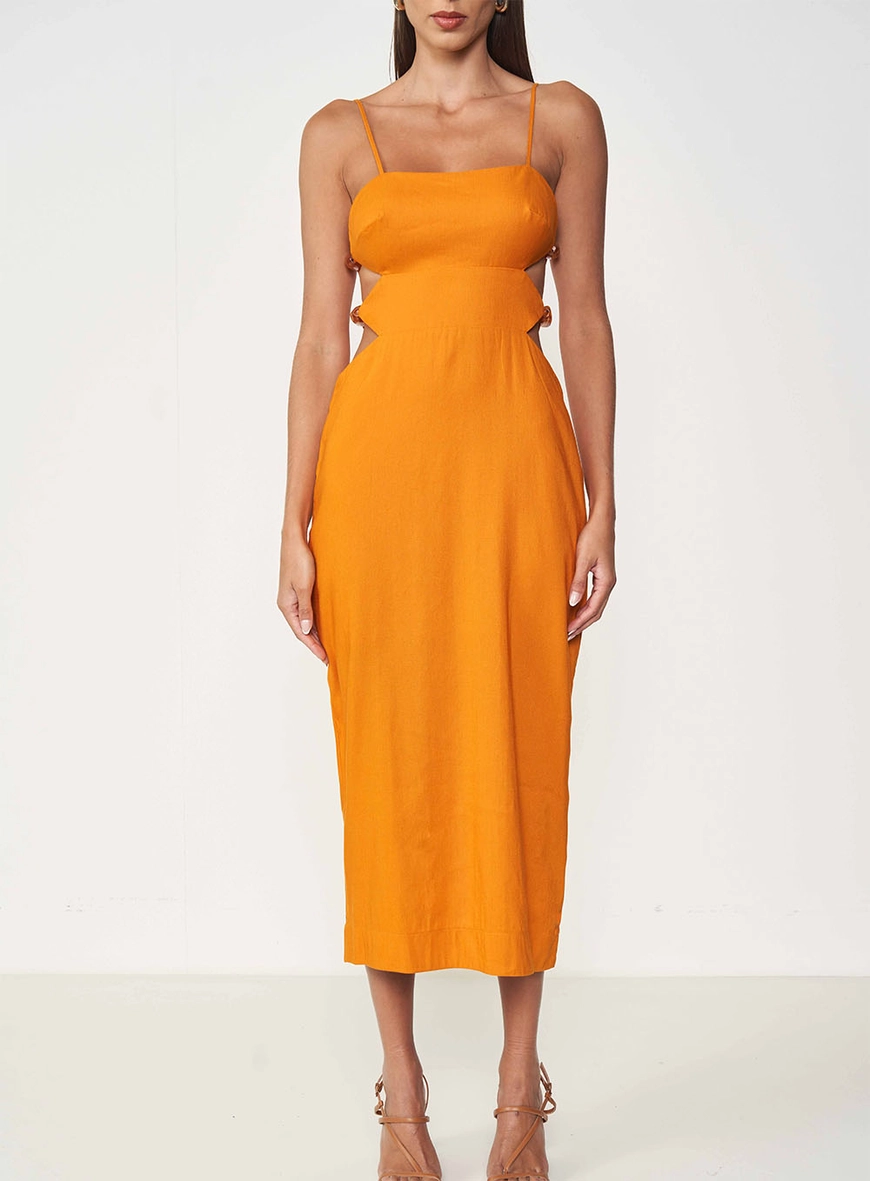 Vestido Midi Cut Out Decote Reto Com Linho Marrom Areia Molhada 1