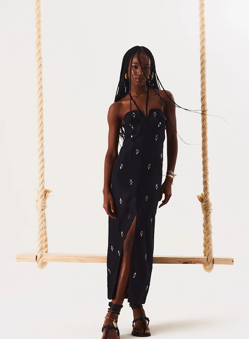 Vestido Linho Com Aplicação Preto 3