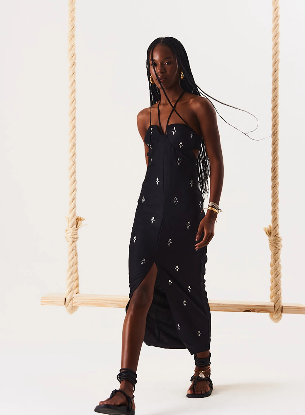 Vestido Linho Com Aplicação Preto 2