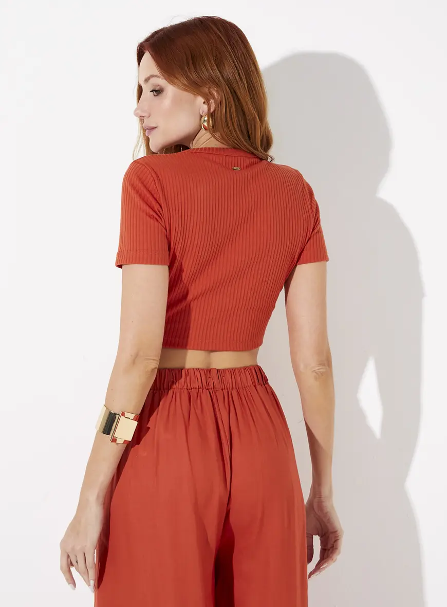 Blusa Cropped Slim Canelada Com Amarração Laranja 2