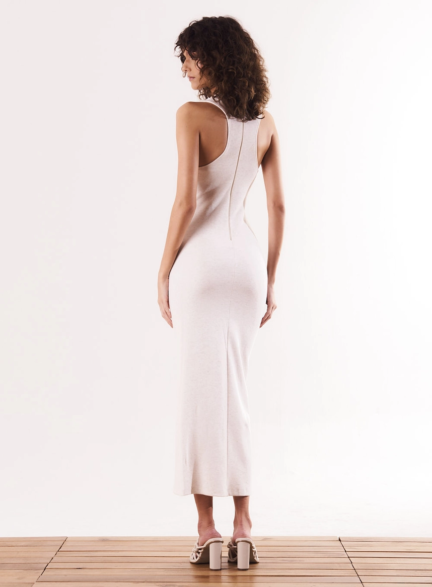 Vestido Midi Slim Com Linho Decote V Bege 4
